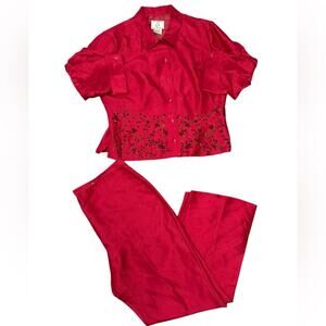 Vtg 90s Silk Beaded Floral Embroidery Glam Pants Set Womens Size 12 Romantic